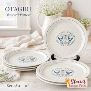 Otagiri Bluebird Dinner Plates 10” Set of 4 Bluebird Heart Tulip Japan